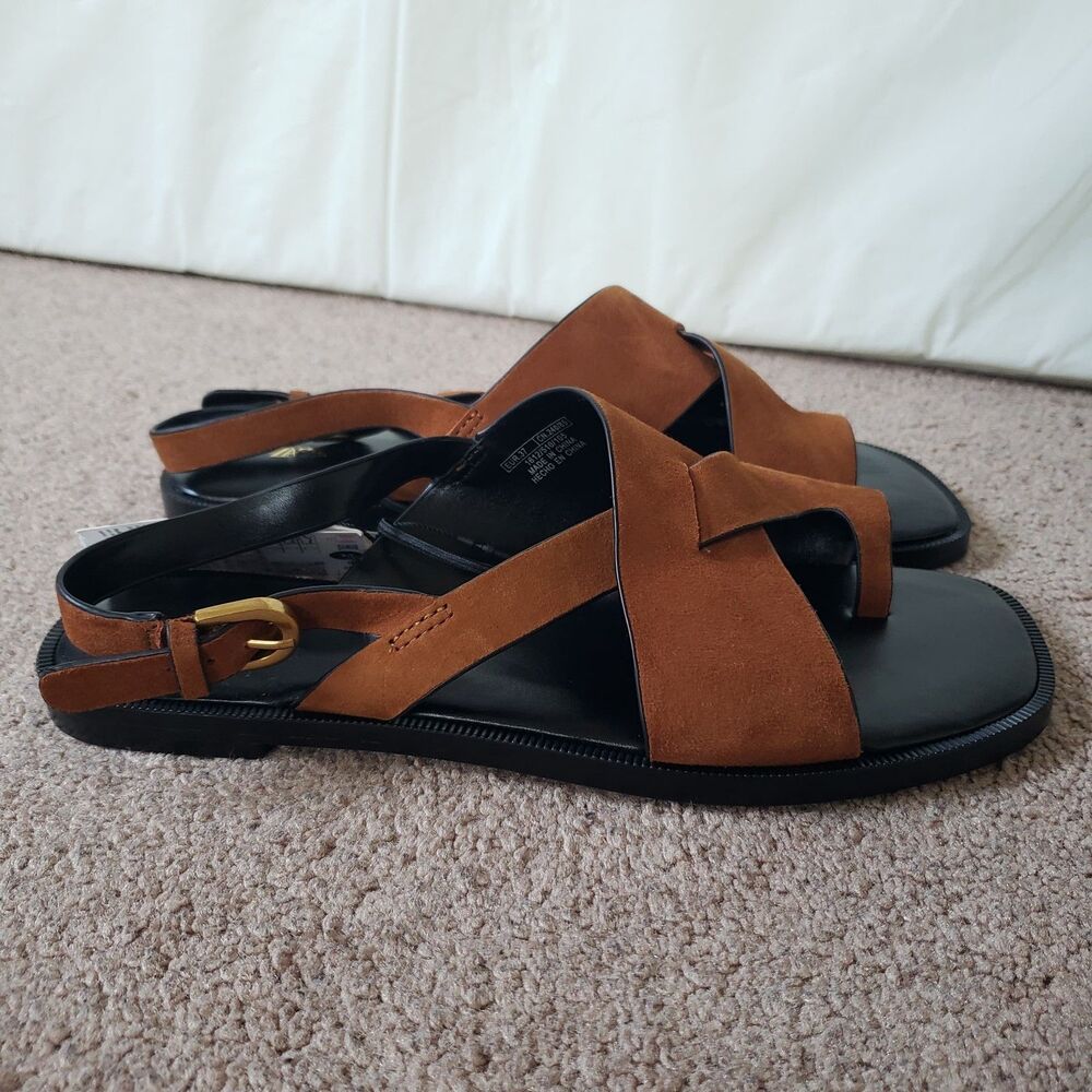 Zara Nwt Suede Leather Slide Strappy Sandals Toe Loop Metal Buckle Sz 6.5 Brown - Picture 7 of 13